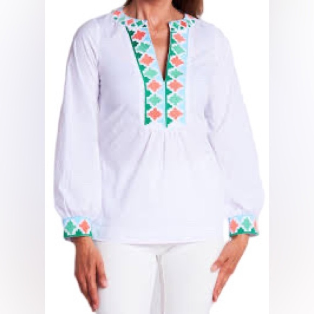 CK Bradley XS Clementine White Coral Contrast Embroidered Cotton Blouse NWT